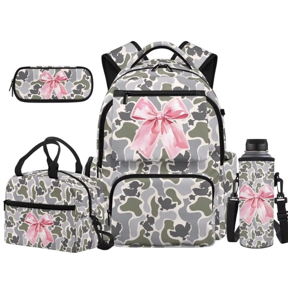 XYZCANDO Pink Bow Duck Camo 4Pcs Kids Backpack Set with Portable Lunch Bag Multifunctional Pencil Case Water Bottle Bag Carrier for Elementary Middle School Boys