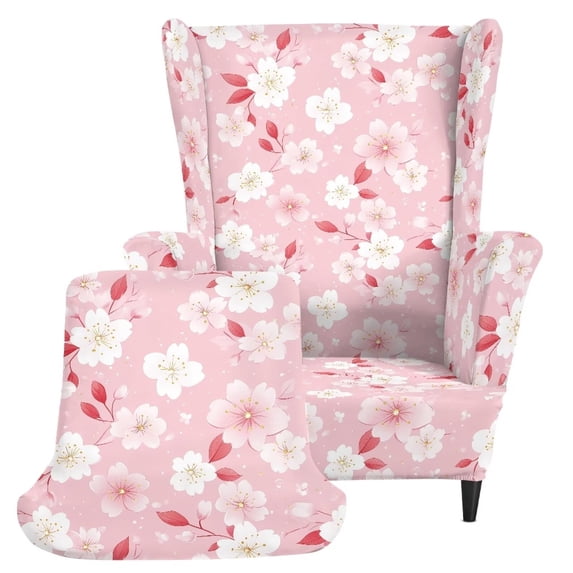 XYZCANDO Pink Cherry Blossom Print Wingback Chair Cover Set, Stretch Washable Furniture Protector with Cushion Cover for Living Room Bedroom Decor