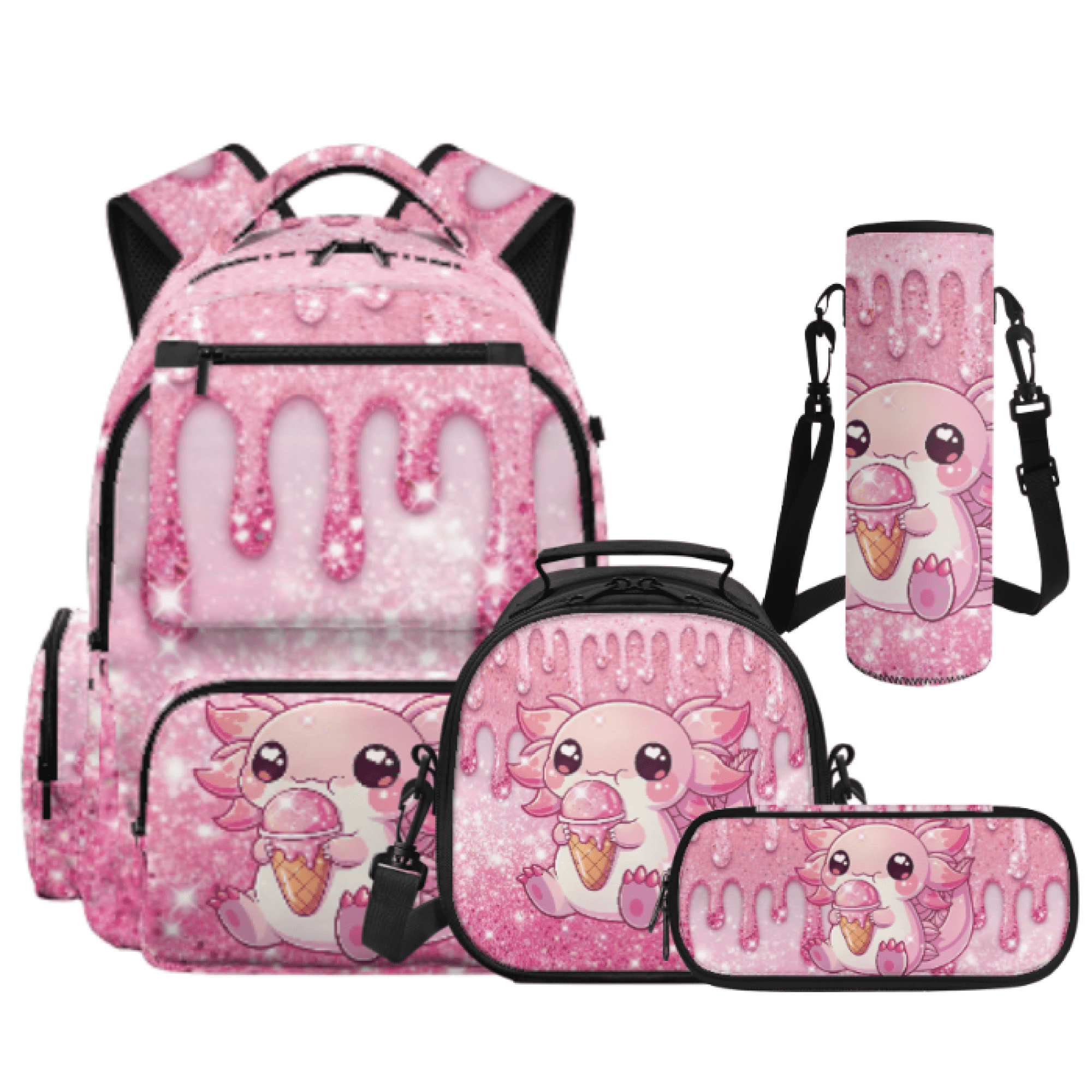 XYZCANDO Pink Glitter Sparkle Pattern 4 Pack Kids Backpack for Students, Lunch Box Tote Pencil Case with Portable Water Bottle Protector Suitable for Back to School