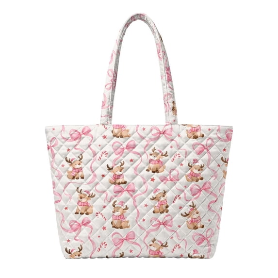 XYZCANDO Pink Reindeer Bow Print Padded Shoulder Tote Bag, Large Capacity Quilted Handbag for Christmas Shopping Travel Daily Commute Work Holiday Outings