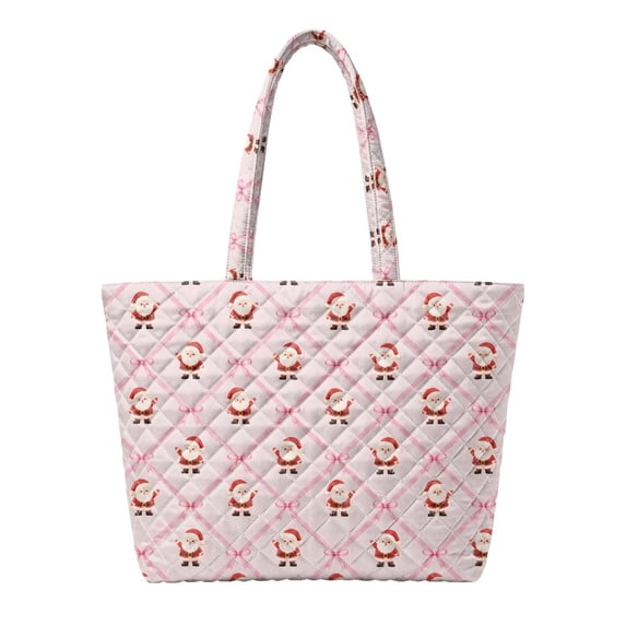 XYZCANDO Pink Santa Print Quilted Handle Tote Bag Large Capacity Festive Shoulder Purse for Christmas Daily Shopping Travel Work Lightweight Cute Carrying Handbag