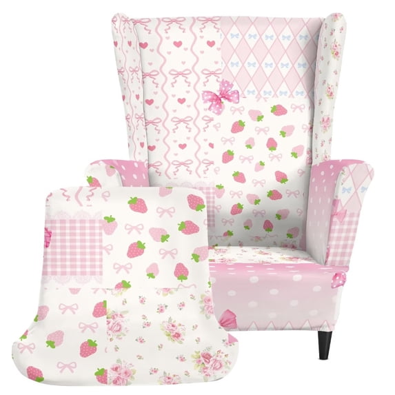 XYZCANDO Pink Strawberry Patchwork Wingback Chair Cover, Stretchy Washable Wing Chair Slipcover, Anti-Slip Furniture Protector for Bedroom, Living, Kids Room Home Decor