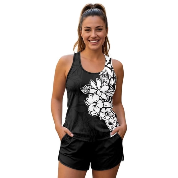 XYZCANDO Polynesian Flowers Tankini Swimsuits for Women Plus Size Bathing Suits Two Piece Tank Top with Boyshorts Pockets Modest Sporty Bathing Suit Swimwear Ladies Swim Suit