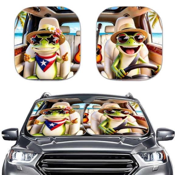 XYZCANDO Puerto Rico Frog Driving Print Foldable Windshield Cover Sun Shade Reflective UV & Heat Protection Car Windshield Sunshades 2 Pack for SUVs Cars