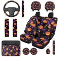 thumbnail image 1 of XYZCANDO Pumpkin Bow 14 Pack Car Seat Covers Full Set Steering Wheel Cover Center Console Pad Seat Belt Pads Headrest Covers Cup Coasters for Most Cars SUVs Sedans, 1 of 7