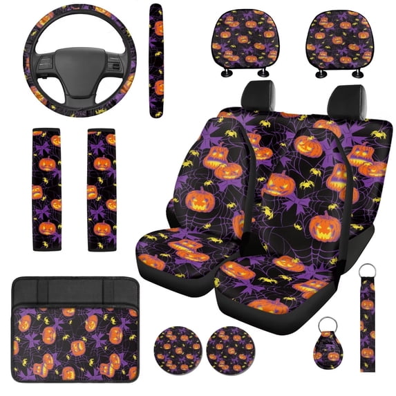 XYZCANDO Pumpkin Bow 14 Pack Car Seat Covers Full Set Steering Wheel Cover Center Console Pad Seat Belt Pads Headrest Covers Cup Coasters for Most Cars SUVs Sedans