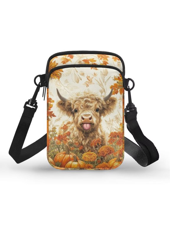 Pumpkin Highlands Cow Mini Messenger Handbag for Womens Portable Crossbody Purse Thanksgiving with Strap Stylish Cellphone Wallet with Zipper for Running Travel Shop