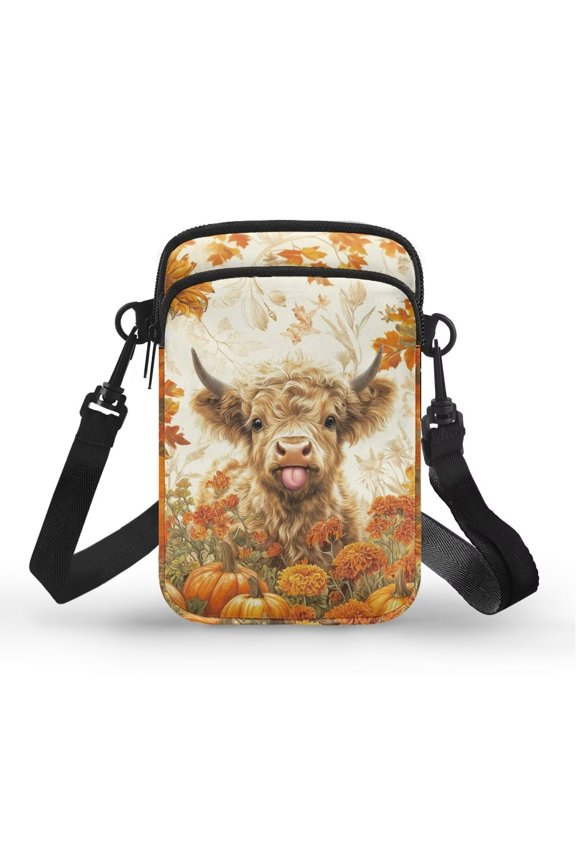 Pumpkin Highlands Cow Mini Messenger Handbag for Womens Portable Crossbody Purse Thanksgiving with Strap Stylish Cellphone Wallet with Zipper for Running Travel Shop