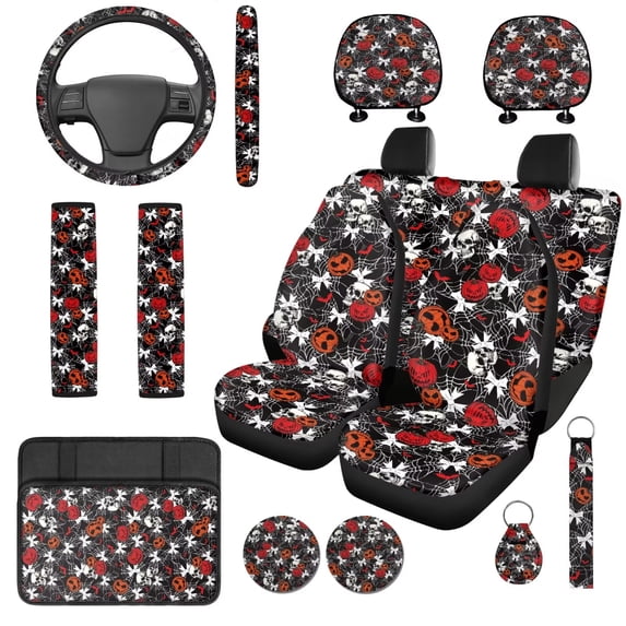 XYZCANDO Pumpkin Skull 14 Pcs Auto Seat Covers Full Set Steering Wheel Cover Center Console Pad Seat Belt Covers Headrest Covers Cup Coasters for Most Cars SUVs Sedans