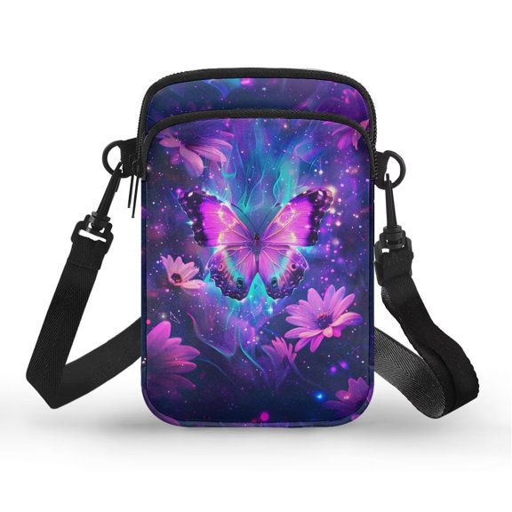 XYZCANDO Purple Butterfly Flower Mini Messenger Phone Purse for Ladies Small Multi-Purpose Casual Crossbody Cellphone Wallet Lightweight Cell Phone Bag Case Strap Crossbody Stylish Coin Bags
