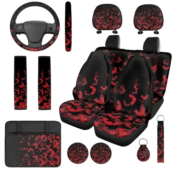 XYZCANDO Red Bats 14 Pack Auto Seat Covers Full Set Steering Wheel Cover Auto Center Console Armrest Pad Seat Belt Covers Headrest Covers Cup Coasters for Most Cars SUVs Sedans