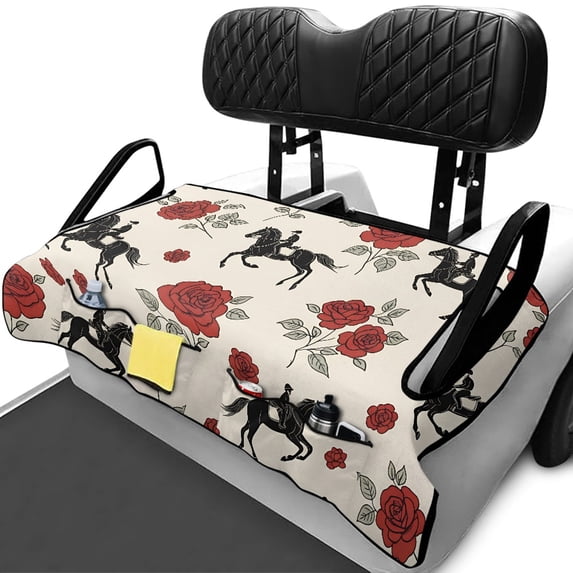 XYZCANDO Red Rose Equestrian Golf Cart Rear Seat Cover - 4 Storage Pockets Non-Slip Washable Terry Cloth Protector for 2 Passenger Golf Carts