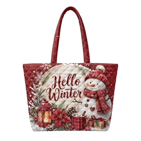XYZCANDO Red Snowman Print Padded Shoulder Tote Bag, Large Winter Holiday Quilted Handbag for Shopping, Work, Travel, Festive Gift for Women, Girls