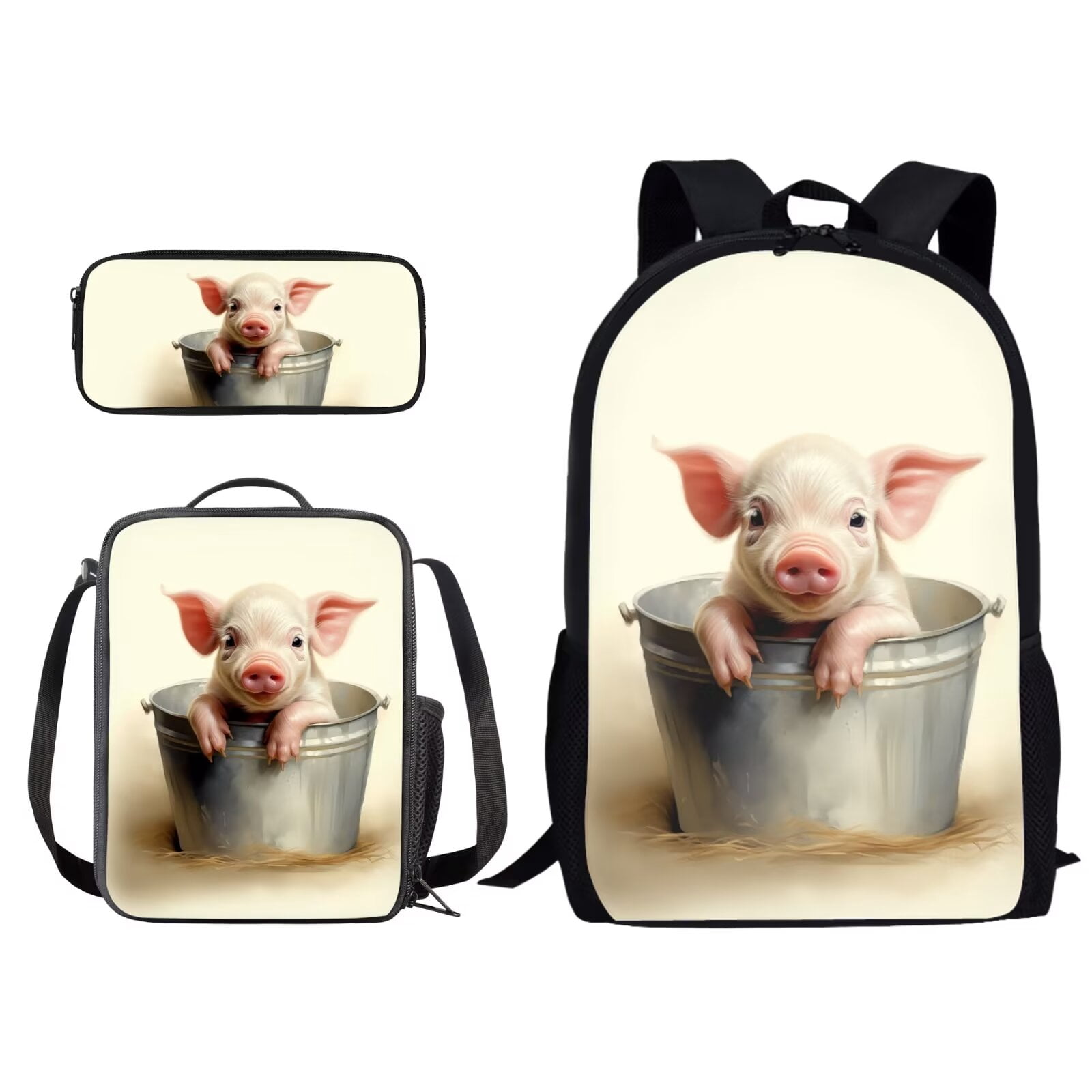 XYZCANDO Retro Cute Pig Print School Book Bag for StudenT 3 Pack Backpack with Lunch Bag and Pencil Box for Women Men Hiking 17-inch Travel Laptop Bag Daypack Rucksack for Camping