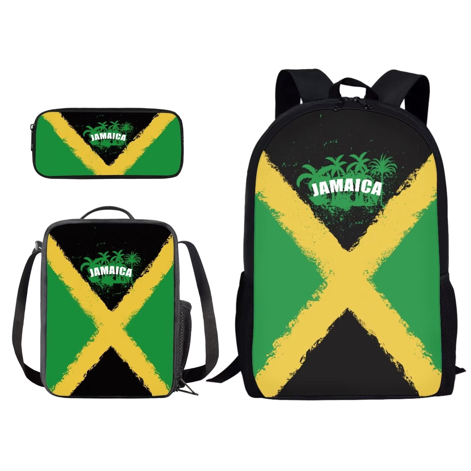 XYZCANDO Retro Jamaican Flag Print Fashion Backpack Set of 3, 17 Inch Travel Laptop Bag with Lunch Bag and Pencil Case College Book Bag Rucksack Daypack for Women Men Outdoor