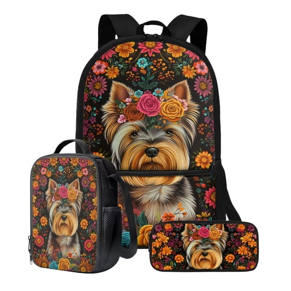 XYZCANDO School Backpack Set 17 Inch Book Bag Yorkshire Terrier Dog Retro Flower Print Large Capacity Primary School Bookbag 3 Pcs Laptop Backpacks Lunch Bag Pencil Case Daypack