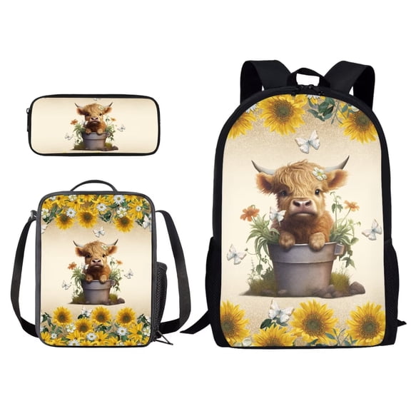 XYZCANDO School Bag Set for Student 17 Inch Backpack with Lunch Bag and Pencil Case Sunflower Highland Cattle Cow Butterfly Print Fashion Book Carrier Case Rukcsack Daypack for Outdoor