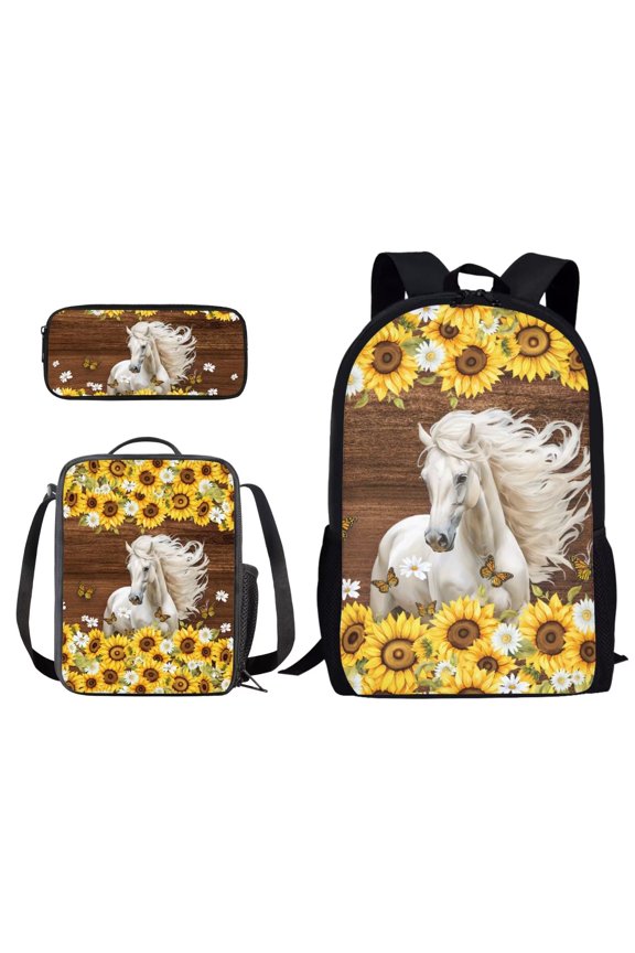 School Bag Set for Student Backpack with Lunch Bag and Pencil Case, Capacious Book Bag Sunflower Horse Butterfly Print 17 Inch Travel Laptop Bag Rucksack Daypack for Outdoor