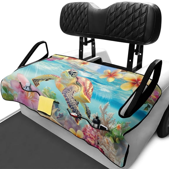 XYZCANDO Sea Turtle Floral Golf Cart Seat Cover | Terry Cloth 4 Pockets Non-Slip | Universal 2-Seat Golf Cart Accessory For Golf Lovers