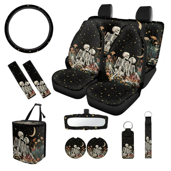 XYZCANDO Skull Couple Designs Seat Belt Cover Steering Wheel Cover Center Mirror Cover Coasters Car Seat Cover Keychain Lipstick Cover Car Trash Can Easy Installation Soft Suitable for Men