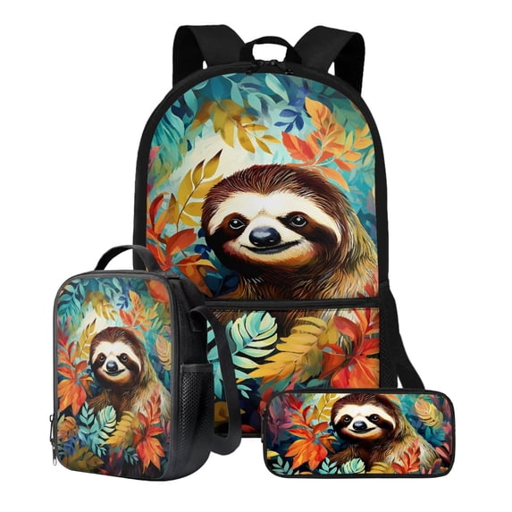 XYZCANDO Sloth Retro Leaves Print School Backpack Set 17 Inch Book Bag Large Capacity Primary School Bookbag 3 Pack Travel Backpacks Lunch Bag Pencil Case for Boys Girls Knapsack