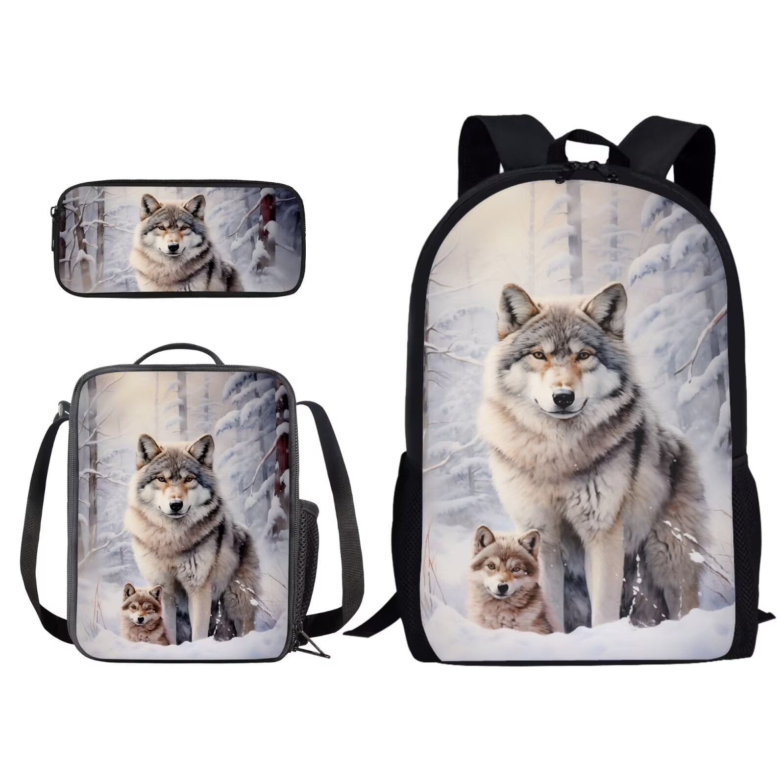XYZCANDO Snowfield Wolf Forest Print Schoolbag Set for Student 17 Inch Backpack with Lunch Bag and Pencil Case Rucksack Daypack with Adjustable Straps for Outdoor Hiking Traveling