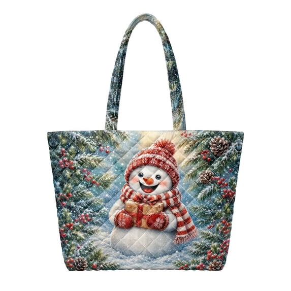 XYZCANDO Snowman Winter Print Quilted Handle Tote Bag, Large Capacity Lightweight Shoulder Purse for Christmas Holiday Shopping Travel Daily Use for Women