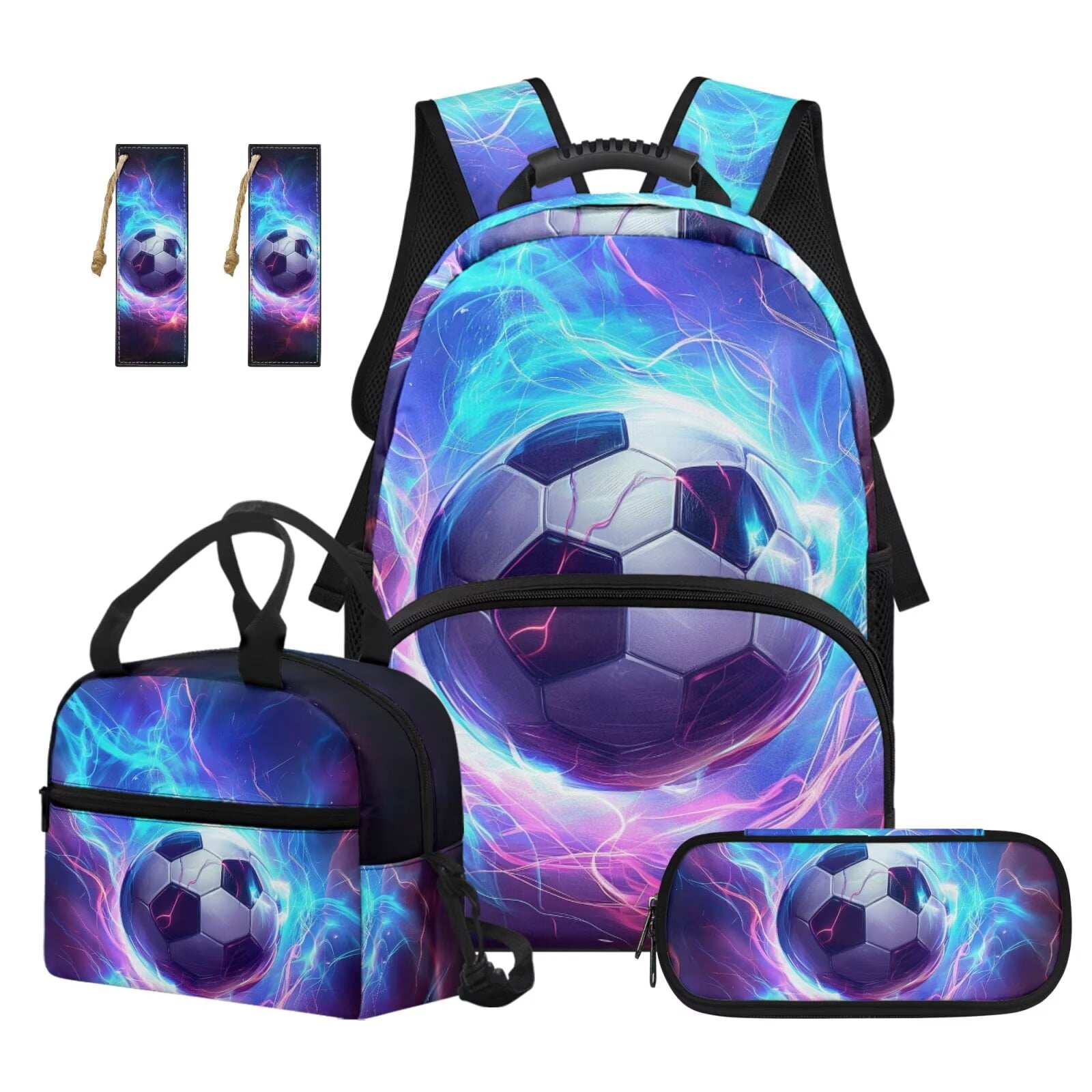 XYZCANDO Soccer School Backpack Set 5Pcs with Portable Lunch Bag Multifunctional Pencil Case 2 Piece Bookmark for Elementary Middle School