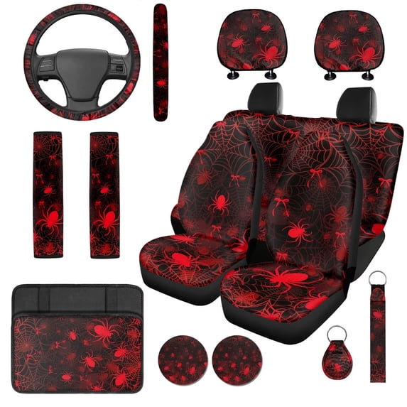 XYZCANDO Spider Red Bow 14 Pcs Auto Seat Covers Full Set Steering Wheel Cover Center Console Armrest Pad Seat Belt Covers Headrest Covers Cup Coasters for Most Cars SUVs Sedans