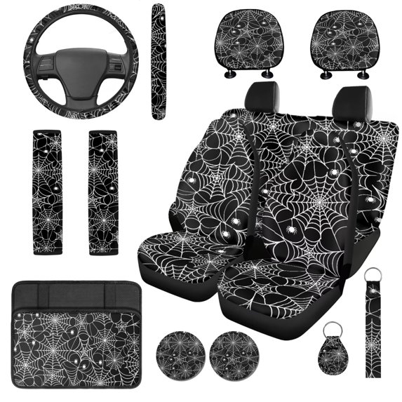 XYZCANDO Spider Web 14 Pack Car Seat Covers Full Set Steering Wheel Cover Auto Center Console Armrest Pad Seat Belt Covers Headrest Covers Cup Coasters for Most Cars SUVs Sedans