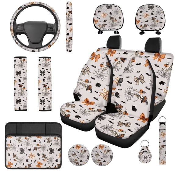 XYZCANDO Spider Web Halloween Bow 14 Pcs Car Seat Covers Full Set Steering Wheel Cover Center Console Pad Seat Belt Covers Headrest Covers for Most Cars SUVs Sedans