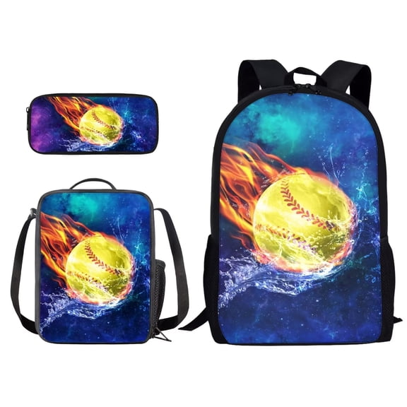XYZCANDO Splatter Water Fire Softball Print Backpack Set for Student 17 Inch Travel Laptop Bag with Lunch Bag and Pencil Case, Rucksack Bookbag with Ergonomic Straps for Outdoor Traveling