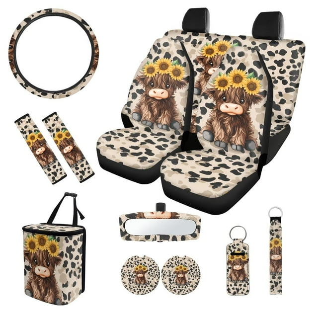 XYZCANDO Spotted Highland Cow Car Seat Cover Keychain Lipstick Cover Center Mirror Cover Car Trash Can Coasters Steering Wheel Cover Seat Belt Cover Universal Car Accessories Decoration