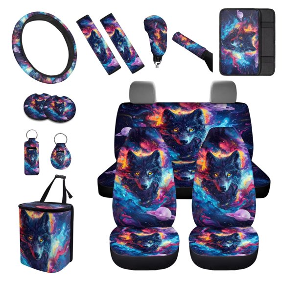 XYZCANDO Starry Wolf Print Armrest Cover Steering Wheel Cover Car Cushion Cover Seat Belt Cover Keychain Handbrake Cover Fender Cover Lipstick Cover Trash Can Car Coasters Washable