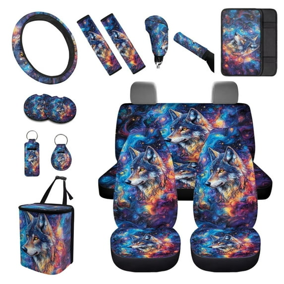 XYZCANDO Starry Wolf Print Handbrake Cover Car Cushion Cover Steering Wheel Cover Armrest Cover Seat Belt Cover Keychain Fender Cover Lipstick Cover Trash Can Car Coasters Washable