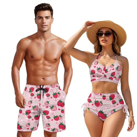 XYZCANDO Strawberry Couple Matching Beach Set Men's Board Shorts & High Waisted Tummy Control Women's Bikini Set Hawaiian Style Vacation Swimwear His and Hers Beach Outfit