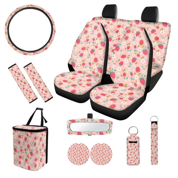 XYZCANDO Strawberry Daisy Seat Belt Cover Steering Wheel Cover Center Mirror Cover Coasters Car Seat Cover Keychain Lipstick Cover Car Trash Can Easy Installation Soft Universal for Cars