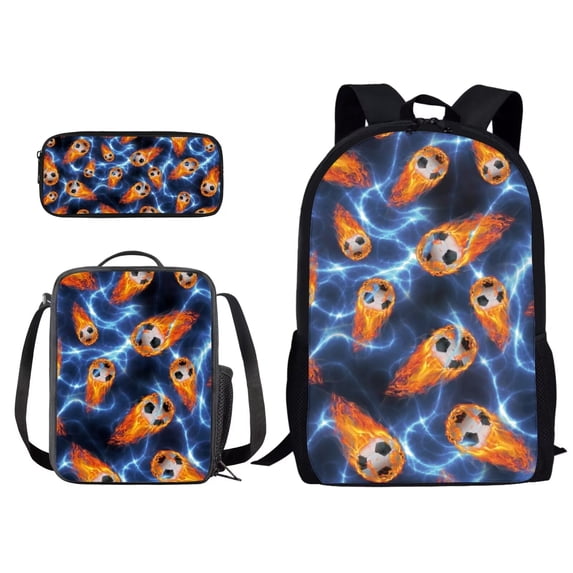 XYZCANDO Student Backpack Set Retro Fire Lightning Soccer Ball Print 17 Inch Backpack with Lunch Bag and Pencil Case Large Capacity Bookbag Back-to-School Bag for Boys Girls