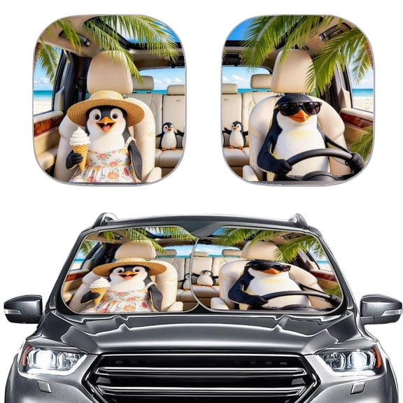 XYZCANDO Sun Visor with Cartoon Driving Penguin, Foldable Car Sun Shade for Heat and UV Protection, for Summer Road Trips and Vehicle Interior Use