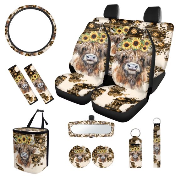 XYZCANDO Sunflower Heights Cow Center Mirror Cover Coasters Car Seat Cover Seat Belt Cover Keychain Lipstick Cover Car Trash Can Steering Wheel Cover Comfortable Fits Small Sedans, Mini SUVs