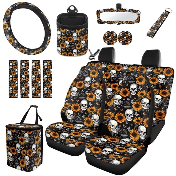 XYZCANDO Sunflower Skull Car Seat Covers Full Set Polyester Seatbelt Strap Pads Car Steering Wheel Cover Air Vent Storage Bag Car Coasters Wristlet Keychain,Pack of 15,Auto Interior Decor