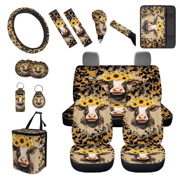XYZCANDO Sunflower Spotted Cow Car Cushion Cover Steering Wheel Cover Armrest Cover Keychain Lipstick Cover Handbrake Cover Fender Cover Trash Can Seat Belt Cover More Comfortable