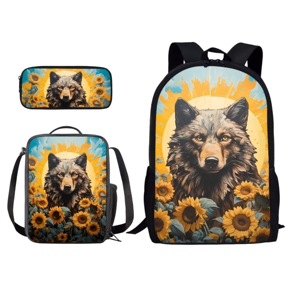 XYZCANDO Sunflower Wolf Sun Print 17 Inch Backpack Set for Student, Capacious School Bag with Lunch Bag and Pencil Case Fashion Rucksack Daypack with Side Pocket for Hiking Camping