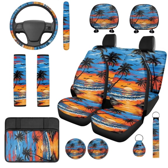 XYZCANDO Sunset Palm Tree 14 Pcs Auto Seat Covers Full Set Steering Wheel Cover Center Console Pad Seat Belt Covers Headrest Covers for Most Cars SUVs Sedans