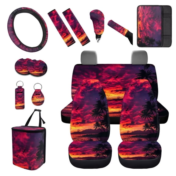 XYZCANDO Sunset Palm Tree Car Coasters Handbrake Cover Fender Cover Keychain Seat Belt Cover Armrest Cover Steering Wheel Cover Car Cushion Cover Trash Can Lipstick Cover Comfortable