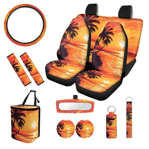 XYZCANDO Sunset Palm Tree Seat Belt Cover Steering Wheel Cover Center Mirror Cover Coasters Car Seat Cover Keychain Lipstick Cover Car Trash Can Easy Installation Fashion Suitable for Men