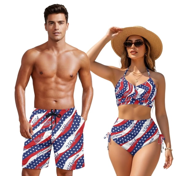 XYZCANDO His and Hers Swimwear Couple Beach Swimwear Men's Beach Shorts & Women's Bikini Set 250 Years USA Matching Outfit for Honeymoon Pool Summer Vacation Hawaiian Outfits