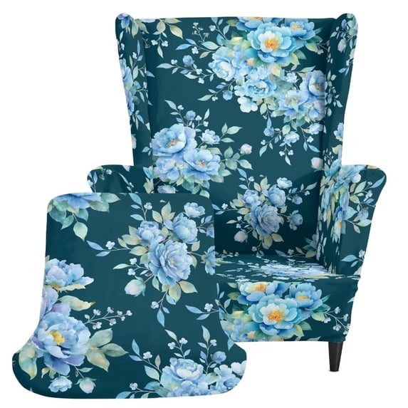 XYZCANDO Teal Blue Floral Wingback Chair Cover, 2 Piece Stretch Washable Wing Chair Protector, Non-Slip Printed Armchair Slipcover for Living Room Bedroom Home Decor