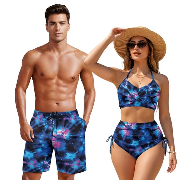 XYZCANDO Tie Dye Hawaiian Couple Matching Swimwear Beach Outfit Men Board Shorts Women Plus Size Bikini Matching His and Hers Swimsuit Set for Summer Beach Pool Vacation Resort Wear