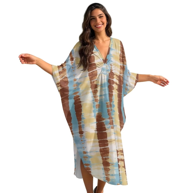 tie dye beach cover up dress Xyzcando Kaftan Dresses for Women V Neck Ups Caftan Beach Dresses for Swimwear Plus Size Lounge Maxi Swimsuit Coverup Location: Todd Snyder Marin Country Mart